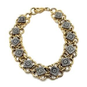 Vintage Silver and Gold Tone Floral Link Bracelet Ornate 1980s Statement 8"